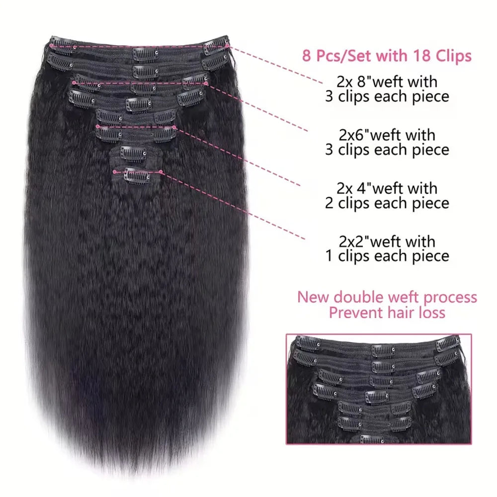 Kinky Straight Clips In Human Hair Extensions Natural Color In Brazilian Remy Human Hair 120G 8Pcs/Set Full Head For Women