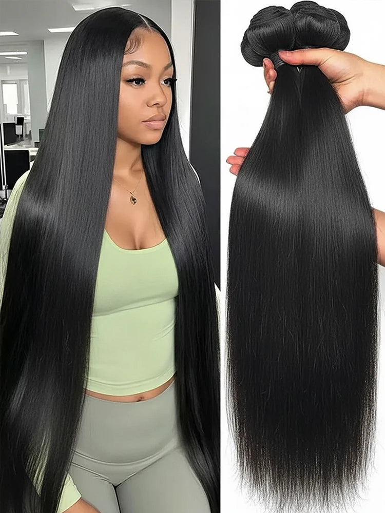 Real Human Hair 36 40 Inch Bone Straight Raw Hair Human Hair Bundles Extensions 3 4 Bundle Black Brazilian Remy  Weave  Bundles