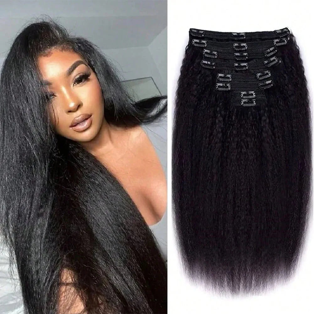 Kinky Straight Clips In Human Hair Extensions Natural Color In Brazilian Remy Human Hair 120G 8Pcs/Set Full Head For Women