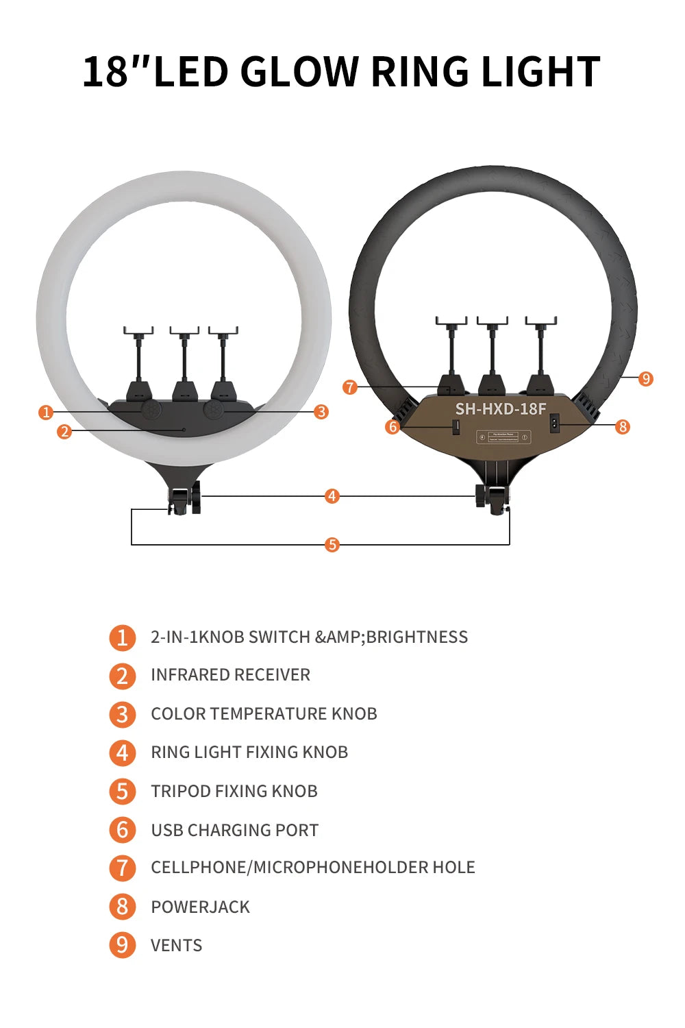 SH 18"LED Selfie Ring Light Photography Video Light RingLight Phone Stand Tripod Fill Light Dimmable Lamp Trepied Streaming