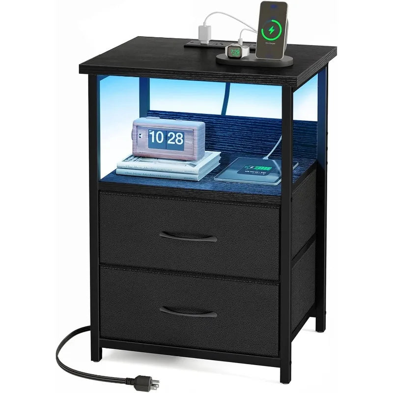 Night Stand With Charging Station, LED Nightstand With U-S-B Ports And Outlets, 2 Fabric Storage Drawers