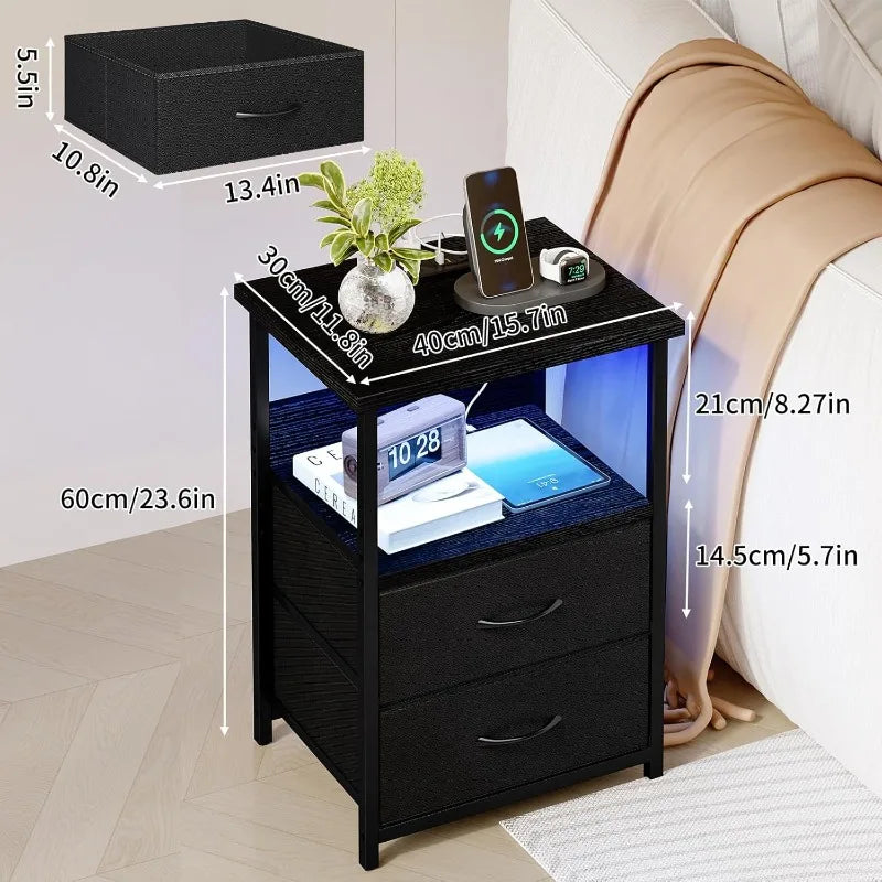 Night Stand With Charging Station, LED Nightstand With U-S-B Ports And Outlets, 2 Fabric Storage Drawers