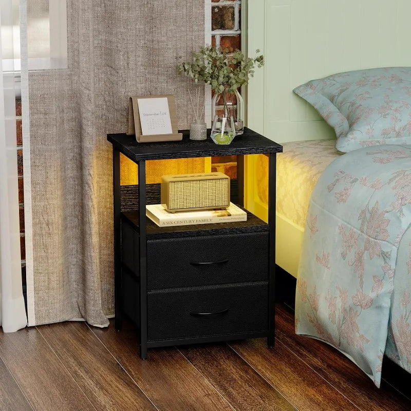 Night Stand With Charging Station, LED Nightstand With U-S-B Ports And Outlets, 2 Fabric Storage Drawers