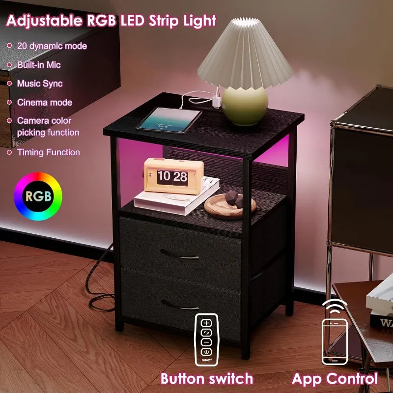 Night Stand With Charging Station, LED Nightstand With U-S-B Ports And Outlets, 2 Fabric Storage Drawers