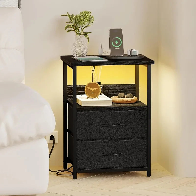 Night Stand With Charging Station, LED Nightstand With U-S-B Ports And Outlets, 2 Fabric Storage Drawers