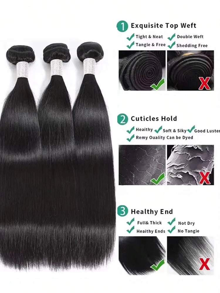 Real Human Hair 36 40 Inch Bone Straight Raw Hair Human Hair Bundles Extensions 3 4 Bundle Black Brazilian Remy  Weave  Bundles